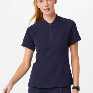 FIGS vail shirt scrub top half zip Navy blue green stripe Short Sleeve medium